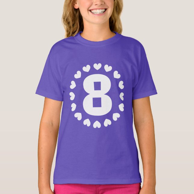Girls 8th Birthday shirt | Age eight with hearts (Front)