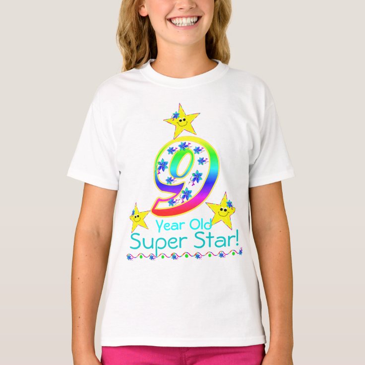 Girls 9 Year Old Super Star Shirt | Zazzle