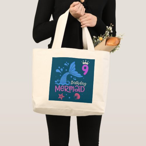Girls 9th Birthday Mermaid Is 9 Years Old Gift  Large Tote Bag