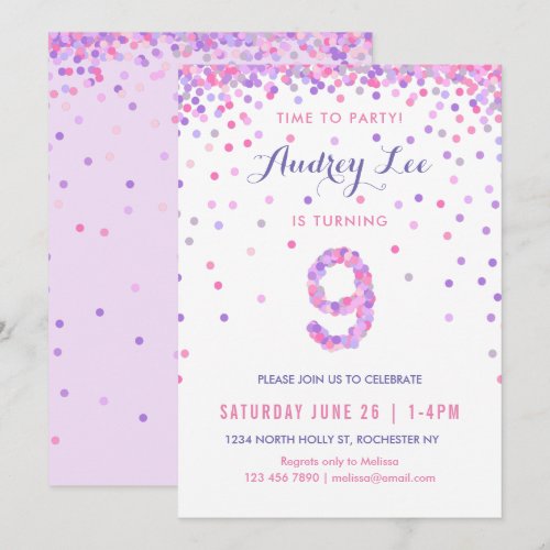 Girls 9th Birthday Ninth Birthday Confetti Party Invitation