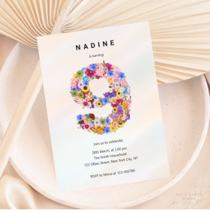 Girls 9th Birthday Ninth Birthday Floral Party Invitation