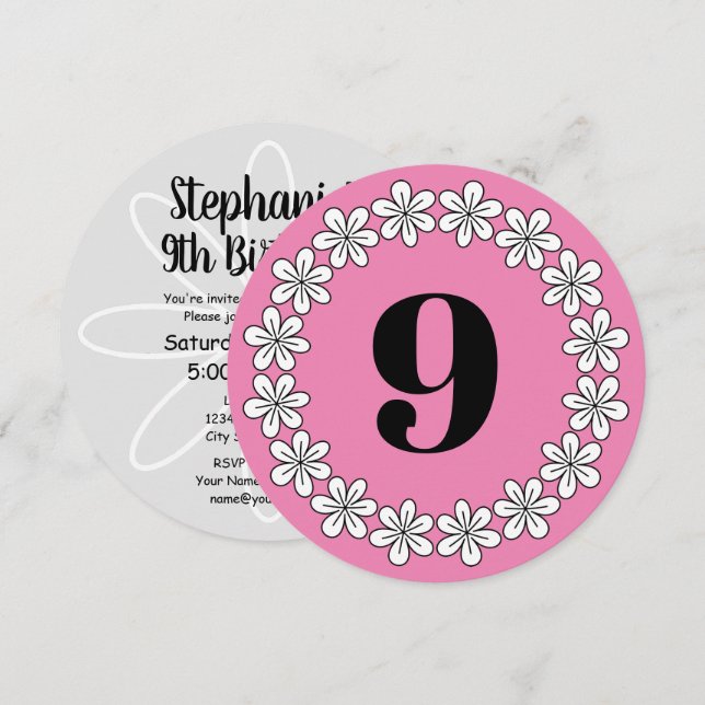 Girl's 9th Birthday party pink floral invitations (Front/Back)