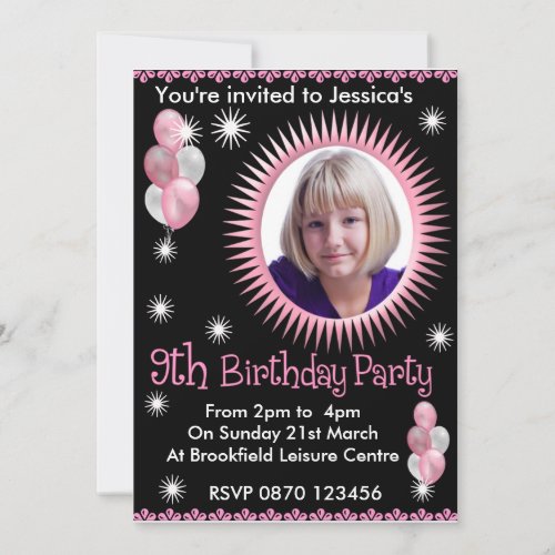 Girls 9th Birthday Photo Invitation