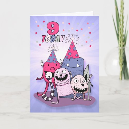Girls 9th Pink and Purple Monster Birthday Card