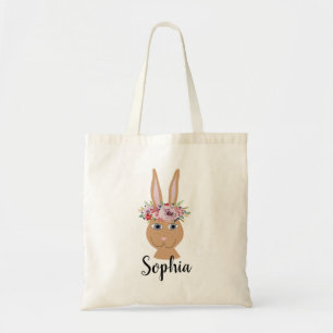 Girls Adorable Easter Bunny Rabbit and Name Tote Bag