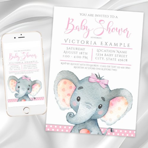 Girls Adorable Elephant Baby Shower Invitations