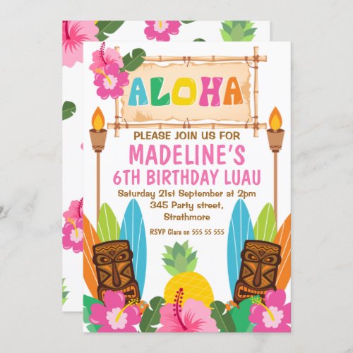 Girls Aloha Luau Birthday Invitation