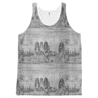 Girls and Cats on  Subway Characters on Unisex Tan All-Over-Print Tank Top