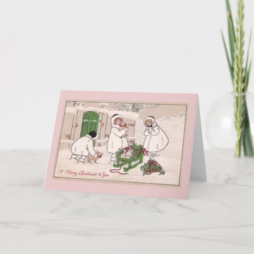 Girls and Pet Pigs Vintage Christmas Holiday Card