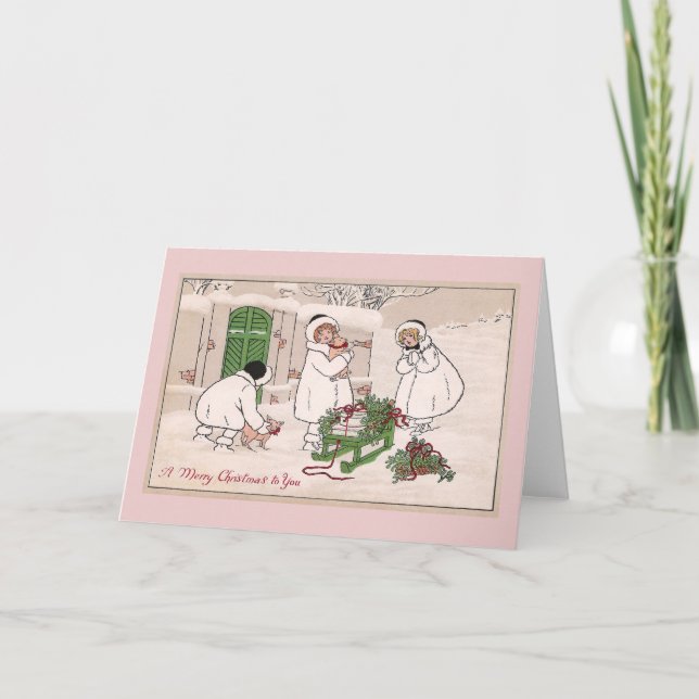 Girls and Pet Pigs Vintage Christmas Holiday Card (Front)