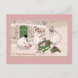 Girls and Pet Pigs Vintage Christmas Holiday Postcard