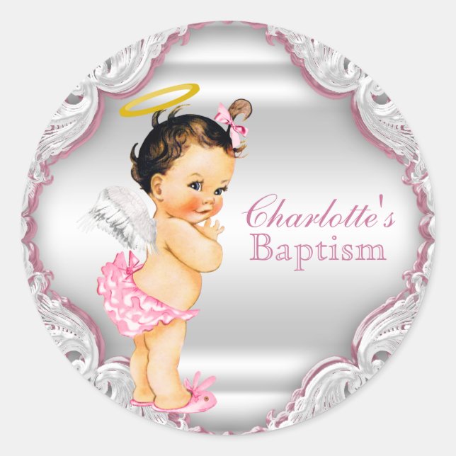 Girls Angel Baptism Christening Classic Round Sticker (Front)
