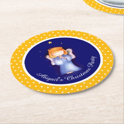 Girls angel personalized Christmas paper coasters