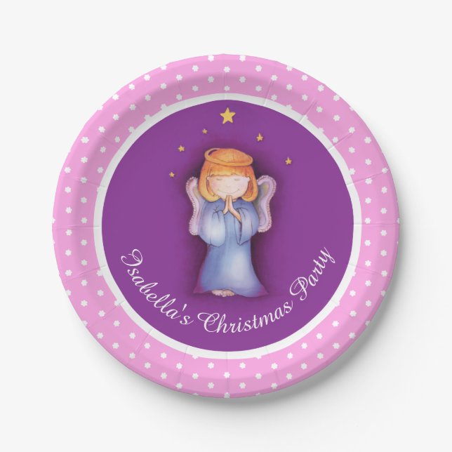 Girls angel personalized Christmas paper plate (Front)