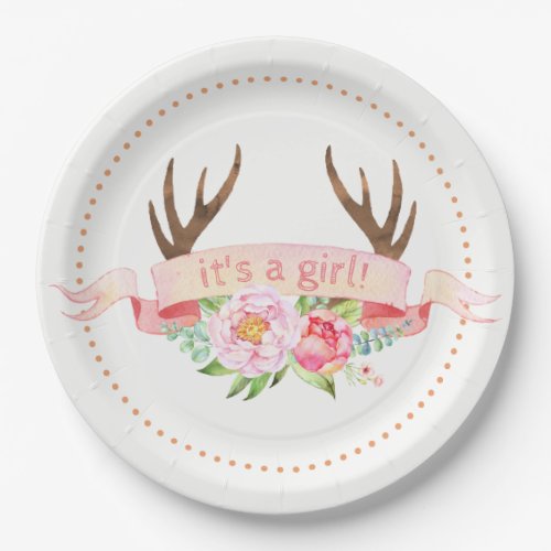Girls Antler Baby Shower Paper Plates