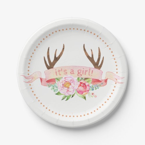 Girls Antler Baby Shower Paper Plates