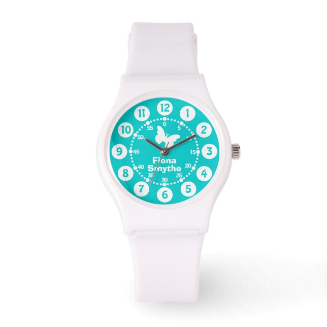 Girls aqua teal & white full name wrist watch (Front)