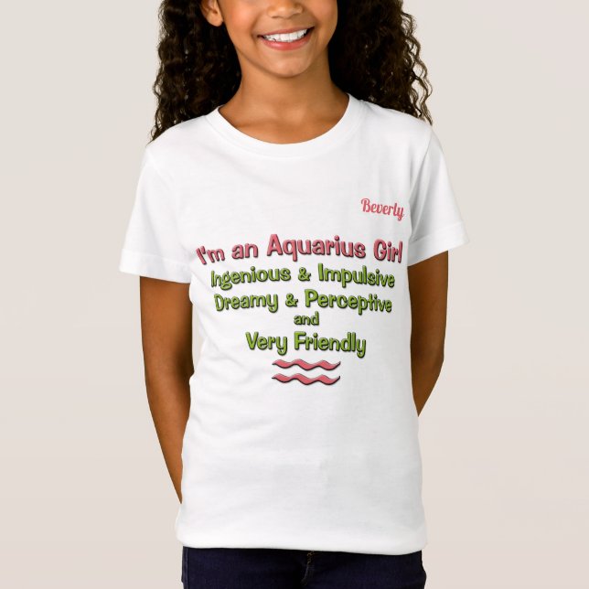 Girl's Aquarius Zodiac Pink and Green with Name T-Shirt (Front)