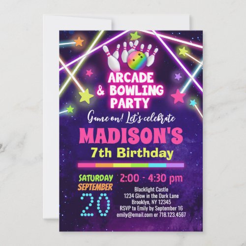 Girls Arcade and Bowling Party Birthday Invitation