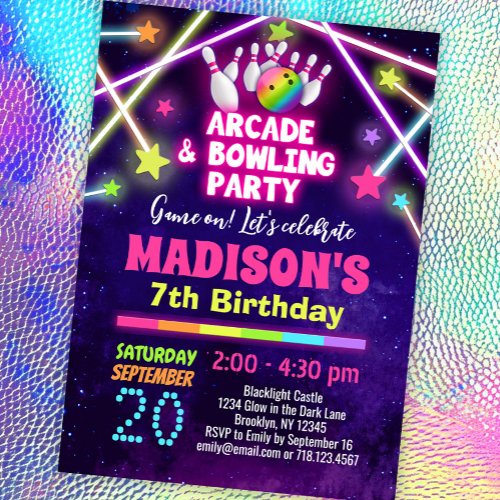 Girls Arcade and Bowling Party Birthday Invitation