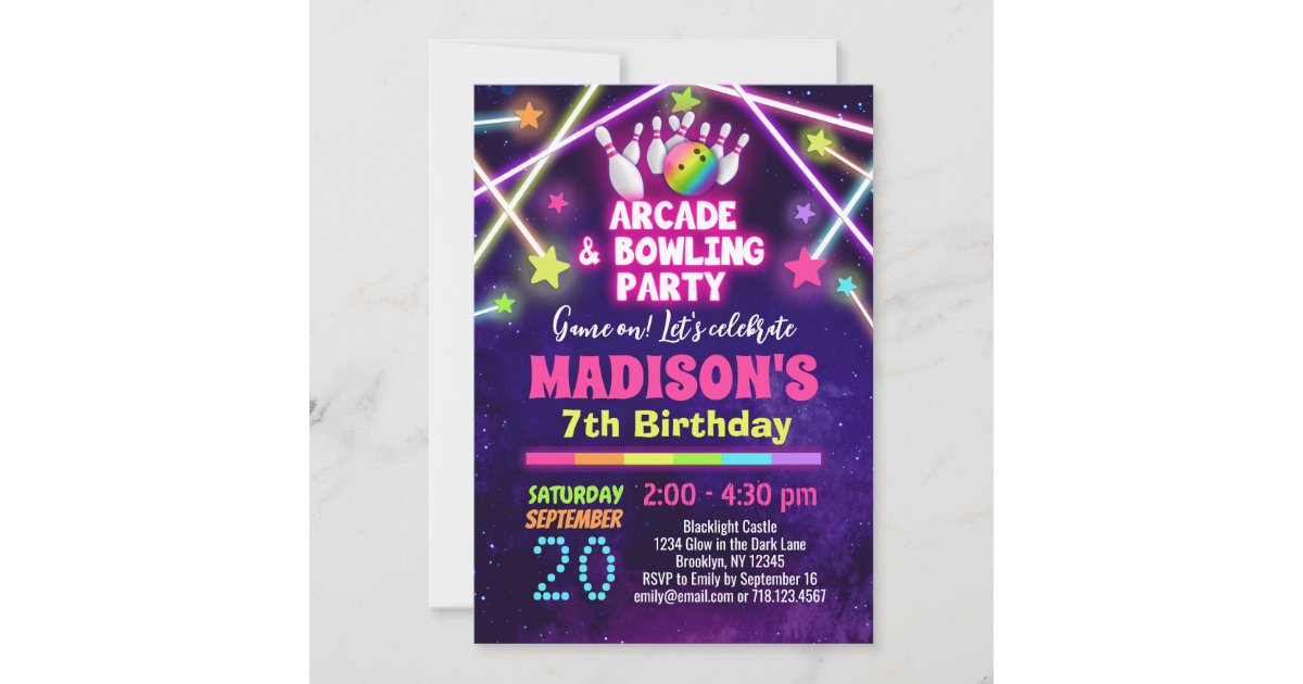 Bowling Pizza & Arcade Birthday Invitation Girl/pink Colors 