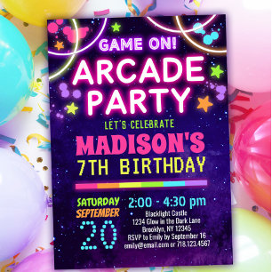 Girls Arcade Party Birthday Invitations