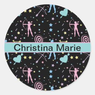 Girls Archery - Girly Hearts Stars Archer Classic Round Sticker