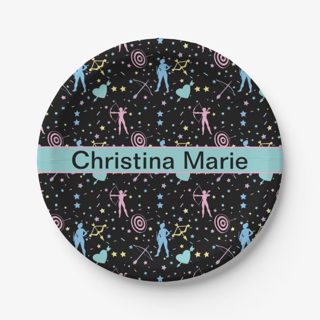 Girls Archery - Girly Hearts Stars Archer Paper Plates (Front)