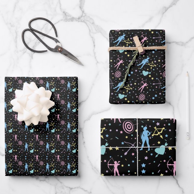 Girls Archery - Girly Hearts Stars Archer Wrapping Paper Sheets (Front)