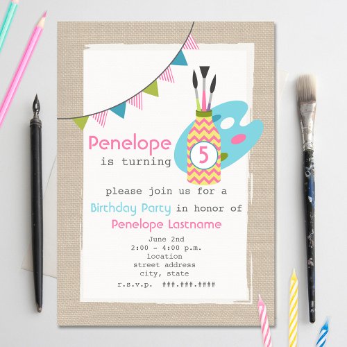 Girls Art  Painting Party Birthday Invitation