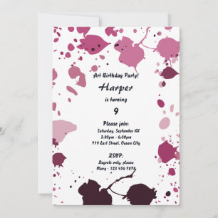 Girls Art Themed Pink 9th Birthday Party Invitation