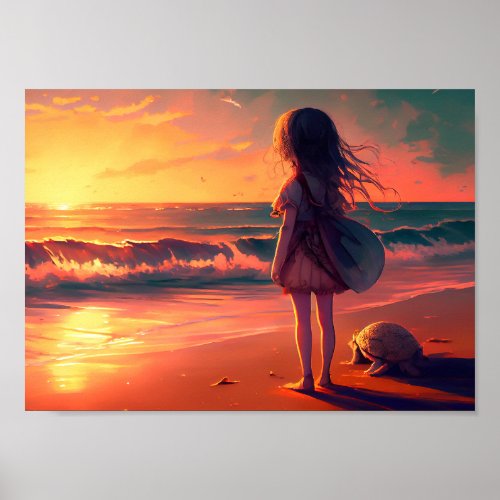 Girls at the beach watching the sunset poster
