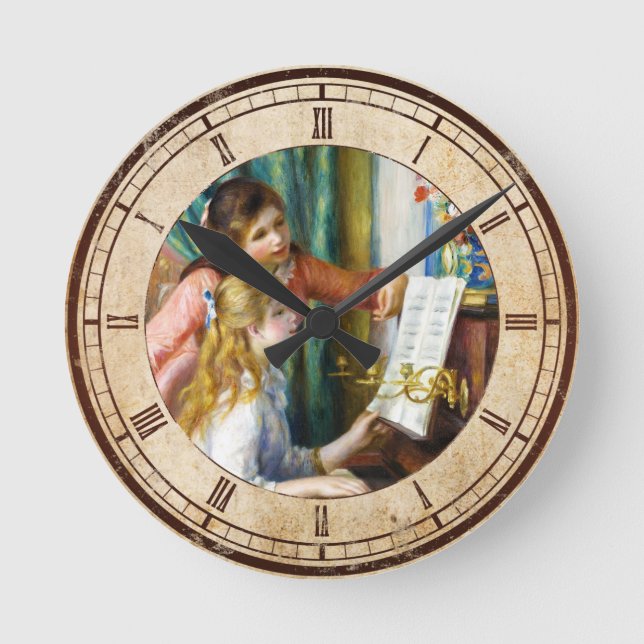 Girls at the Piano Pierre Auguste Renoir painting Round Clock (Front)
