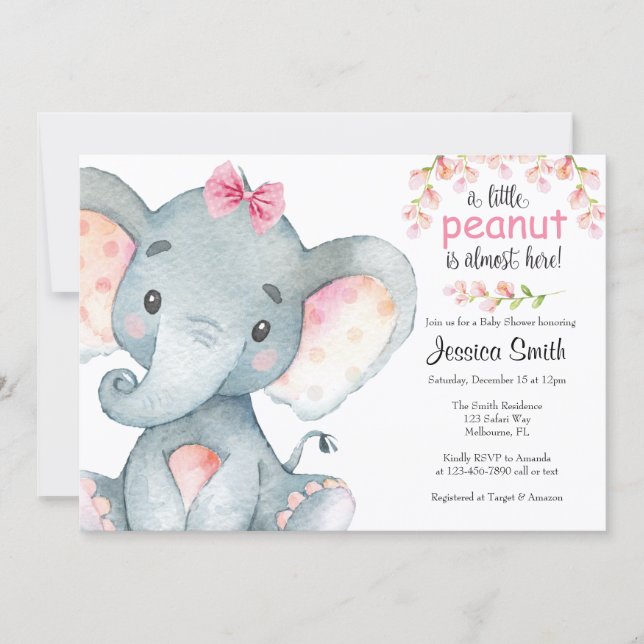 Girls Baby Elephant Baby Shower Invitations (Front)