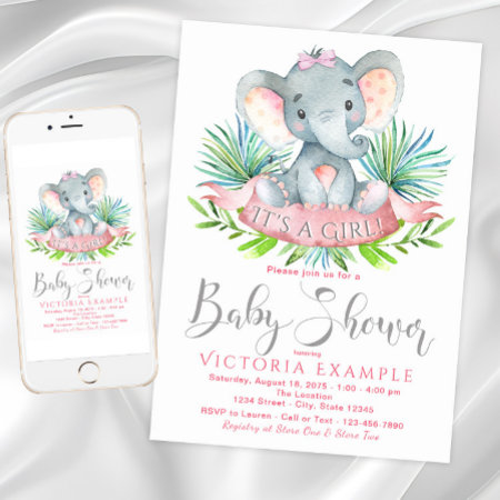 Girls Baby Elephant Baby Shower Invitations