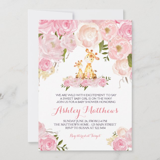 Girls Baby Giraffe Baby Shower Invitations (Front)