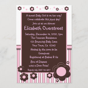 Girls Baby Pink & Modern Brown Daisy Flower Shower Invitation
