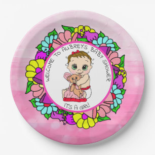 Girl's Baby Shower, Baby with Teddy Bear Paper Pla Plates