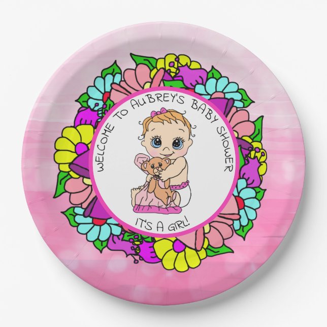 Girl's Baby Shower, Baby with Teddy Bear Paper Plates (Front)