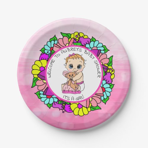 Girls Baby Shower Baby with Teddy Bear Paper Plates