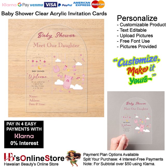 Girls Baby Shower Clear Acrylic Invitation Card 26 (Girl's Baby Shower Birth Party Supplies Celebrate Clear Acrylic Invitations 26.)