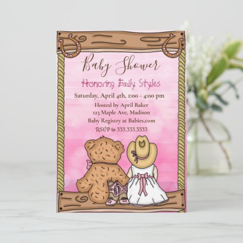 Girls Baby Shower  Cowgirl and Teddy Bear  Invitation