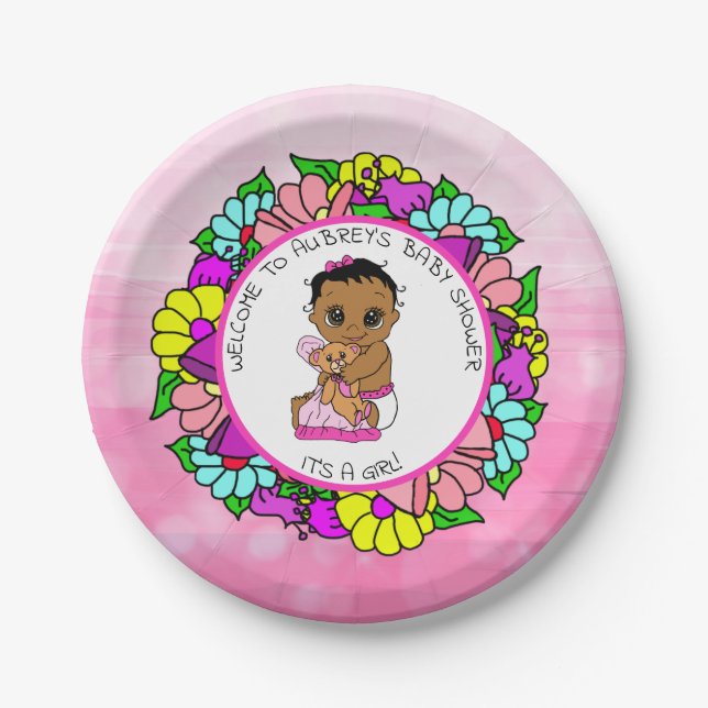 Girl's Baby Shower, Ethnic Baby with Teddy Bear Paper Plates (Front)