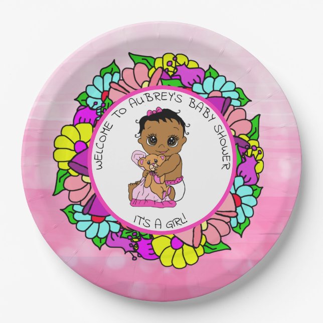 Girl's Baby Shower, Ethnic Baby with Teddy Bear Paper Plates (Front)