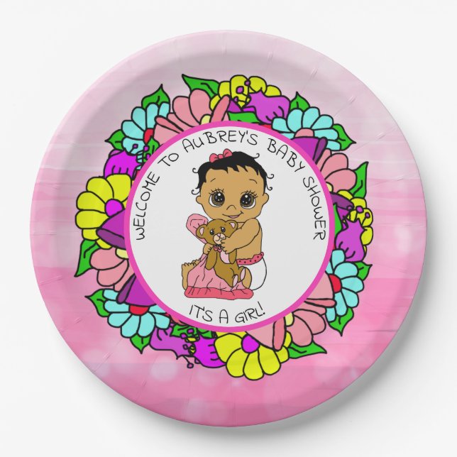 Girl's Baby Shower, Ethnic Baby with Teddy Bear Paper Plates (Front)