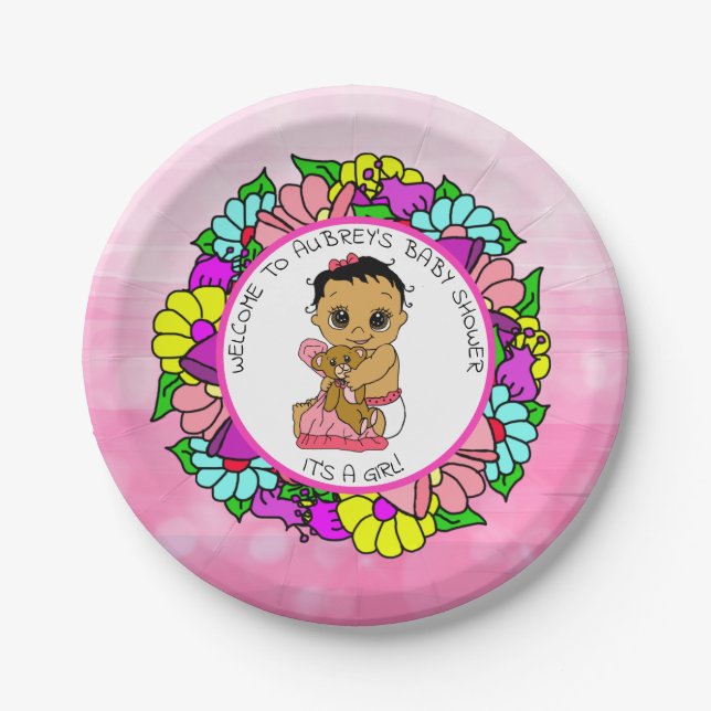 Girl's Baby Shower, Ethnic Baby with Teddy Bear Paper Plates (Front)