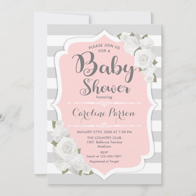 Girls Baby Shower Invitation - Pink Gray (Front)