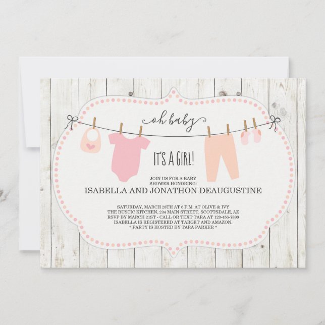 Girl's Baby Shower Invitation | Rustic Clothesline (Front)