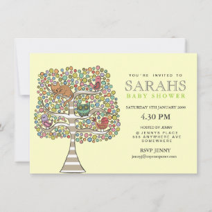Girls Baby Shower Owl Cat & Birds Invite