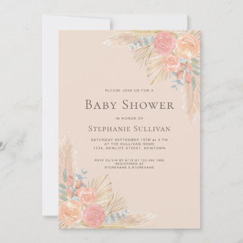 Girls Baby Shower Pampas Grass Boho Invitation